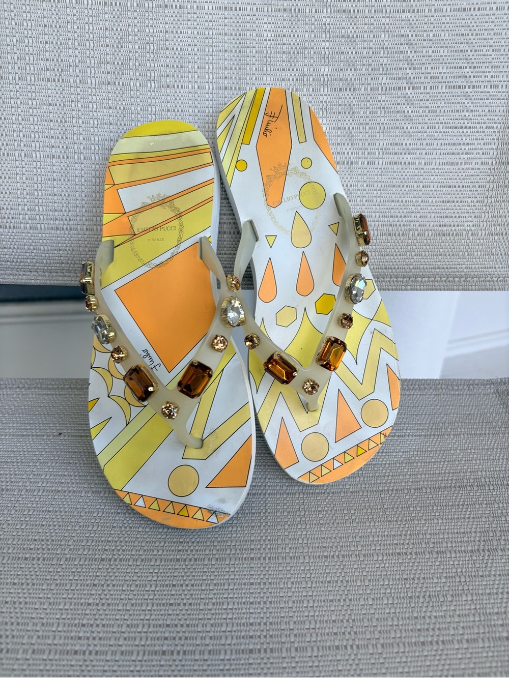 Emilio Pucci Yellow and Orange Jeweled Flip-Flop Sandals